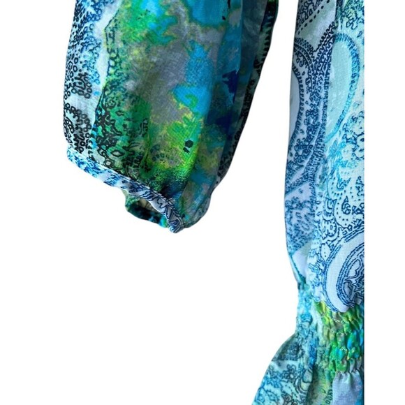 COPPER KEY Blouse Sz S Tropical Floral Greens 3/4 Sleeve Sheer Top Elastic Waist - Picture 4 of 6